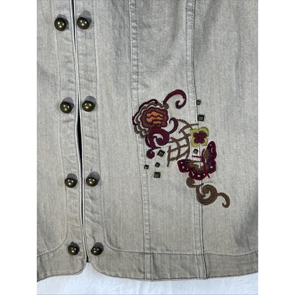 Christopher & Banks Embroidered Vest Beige Denim Studded Fall Floral Button L - Picture 2 of 11